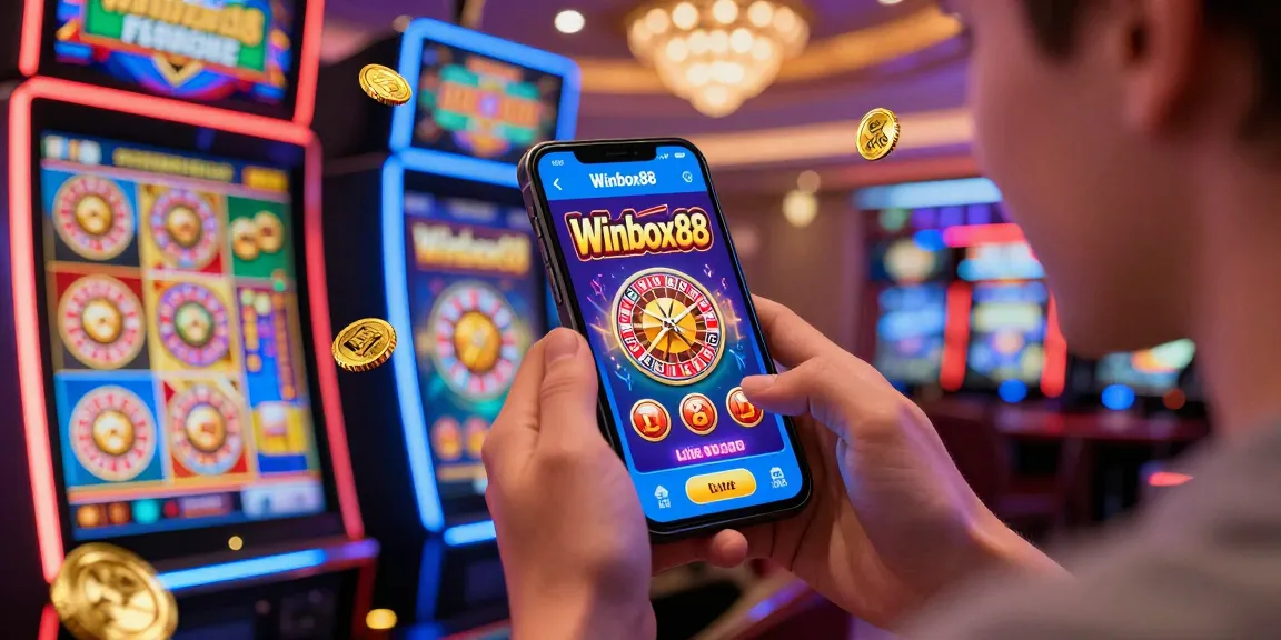 Winbox88 mobile casino gaming experience with colorful slot icons and joyful player.