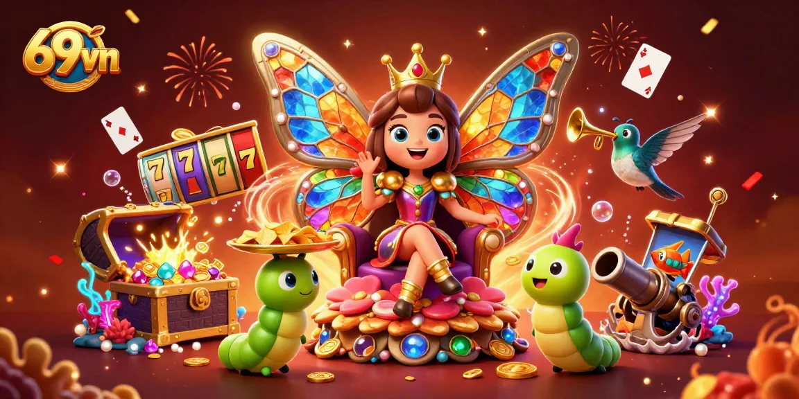 Engage in excitement at 69vn with a colorful and animated casino scene featuring vibrant slot elements.
