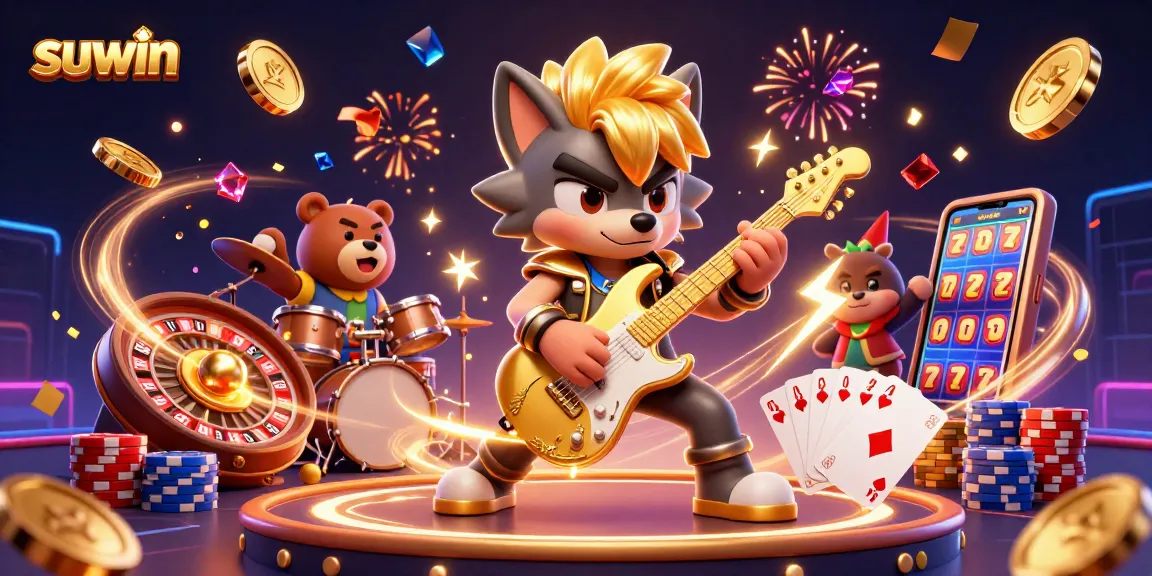 Experience the excitement of suwin with vibrant casino action, featuring golden coins and dynamic characters.