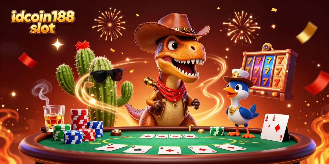 Cowboy dinosaur engaging with idcoin188 slot elements amidst poker-themed chaos, enhancing gaming excitement.
