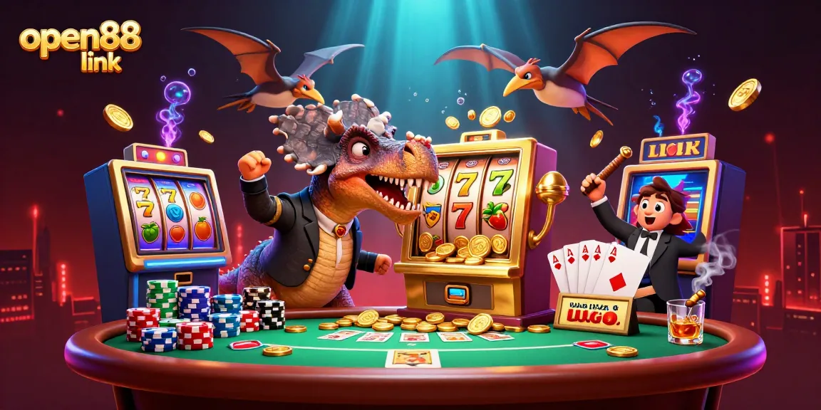 Engage with open88 link as a pachycephalosaurus wins jackpot coins from a slot machine in a vibrant casino scene.