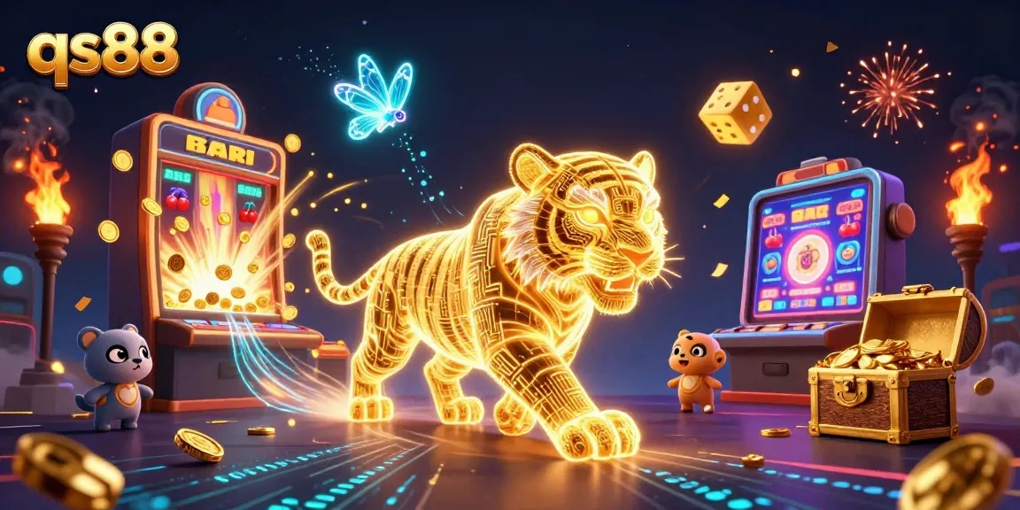 Experience qs88's vibrant casino world with a dazzling 3D golden tiger surrounded by game symbols and rewards.
