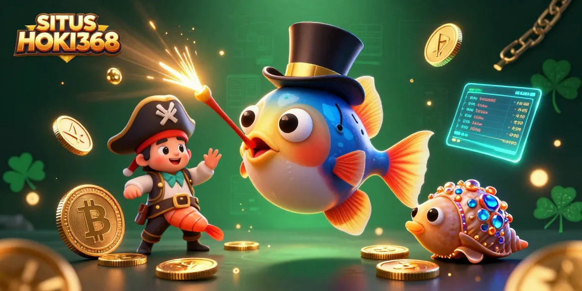 Engage with SITUS HOKI368 using illuminating visuals of a deep-sea anglerfish, shrimp, and treasure snail in a vibrant casino scene.
