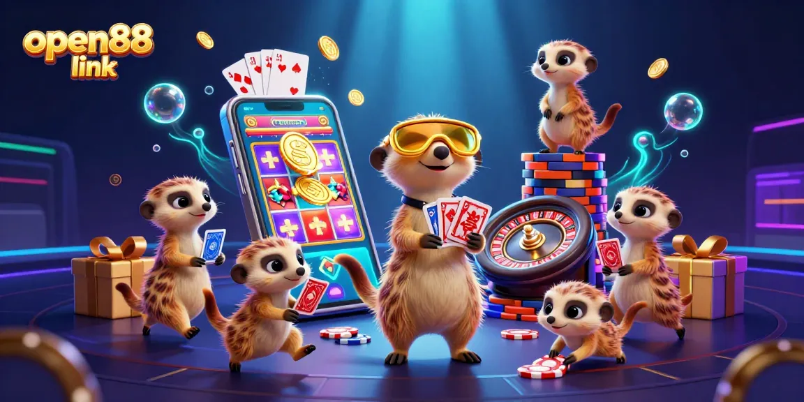 Experience vibrant gaming action with the open88 link in this engaging casino illustration featuring meerkats.