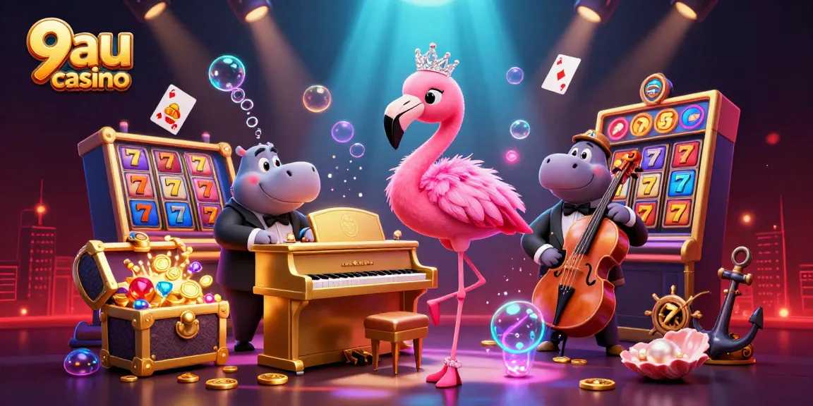 Experience the thrill of 9au casino with a vibrant 3D scene featuring a flamingo singer, hippo bassist, and dynamic gaming elements.