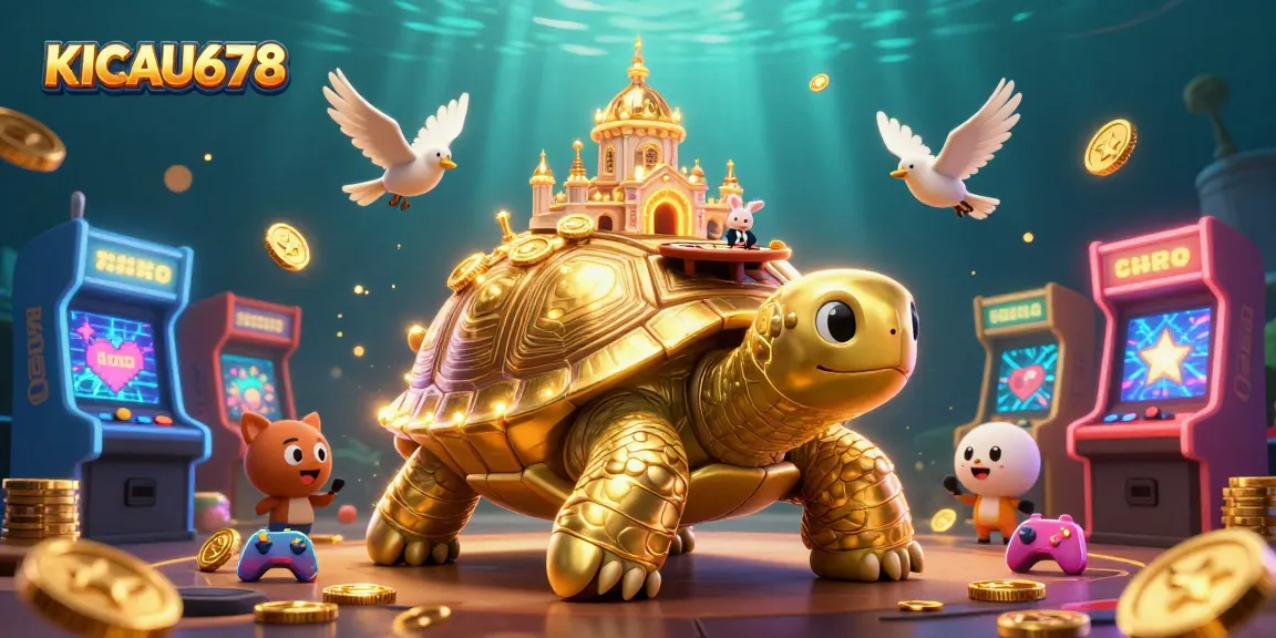 KICAU678 showcases an exciting casino scene with a giant tortoise, a rabbit dealer, and arcade elements.