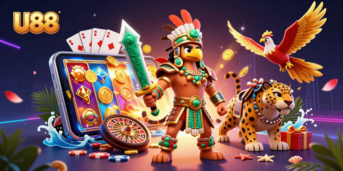 Experience U88 casino excitement with dynamic slot games and vibrant characters in a thrilling illustration.