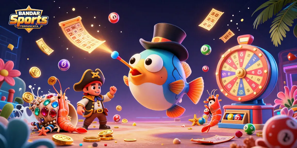 BANDAR Sports TERPERCAYA showcases a vibrant 3D illustration of deep-sea characters in a dynamic casino scene.