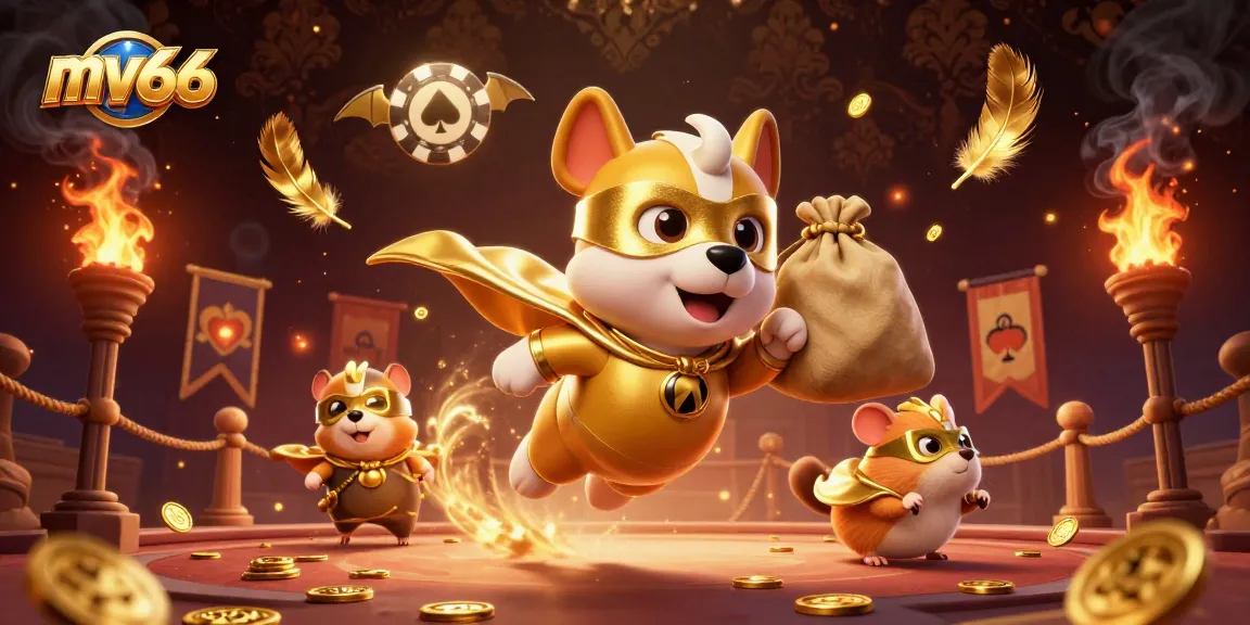 Join the fun at mv66 with our cartoon superhero dog and hamster sidekick amid exciting gaming elements.