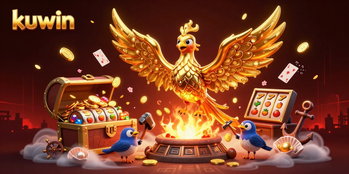 Kuwin's 3D golden phoenix with golden coins and colorful gems showcases exciting casino themes