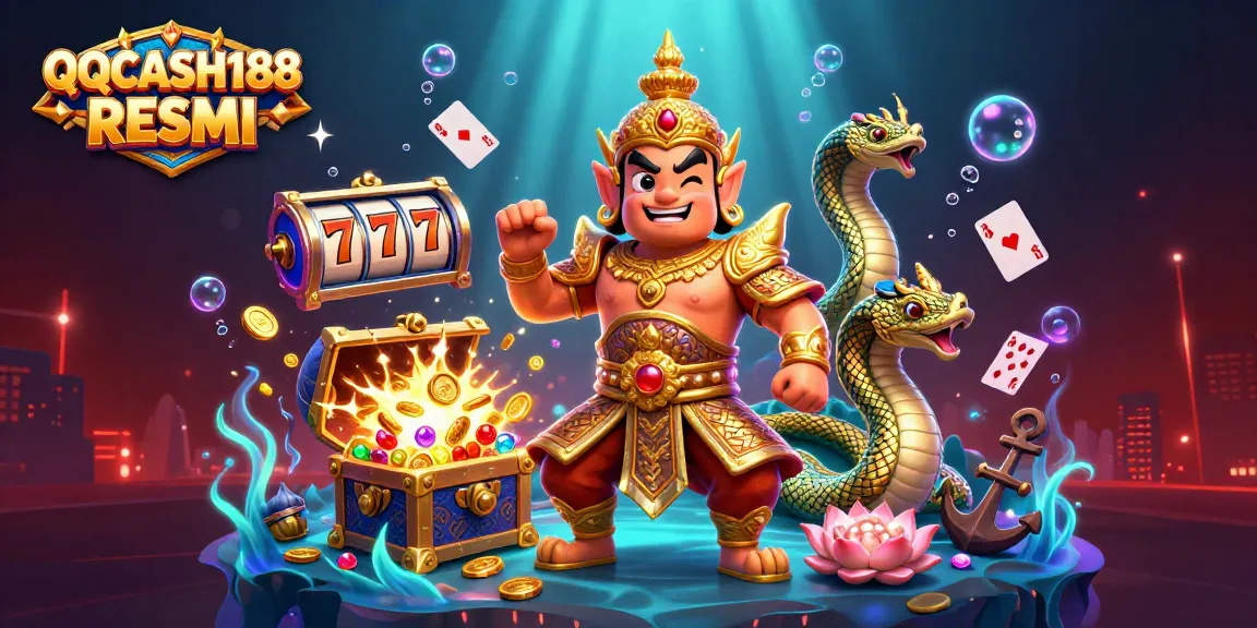 Engage with QQCASH188 RESMI through an action-packed casino-themed 3D illustration featuring vibrant characters and dynamic game elements.
