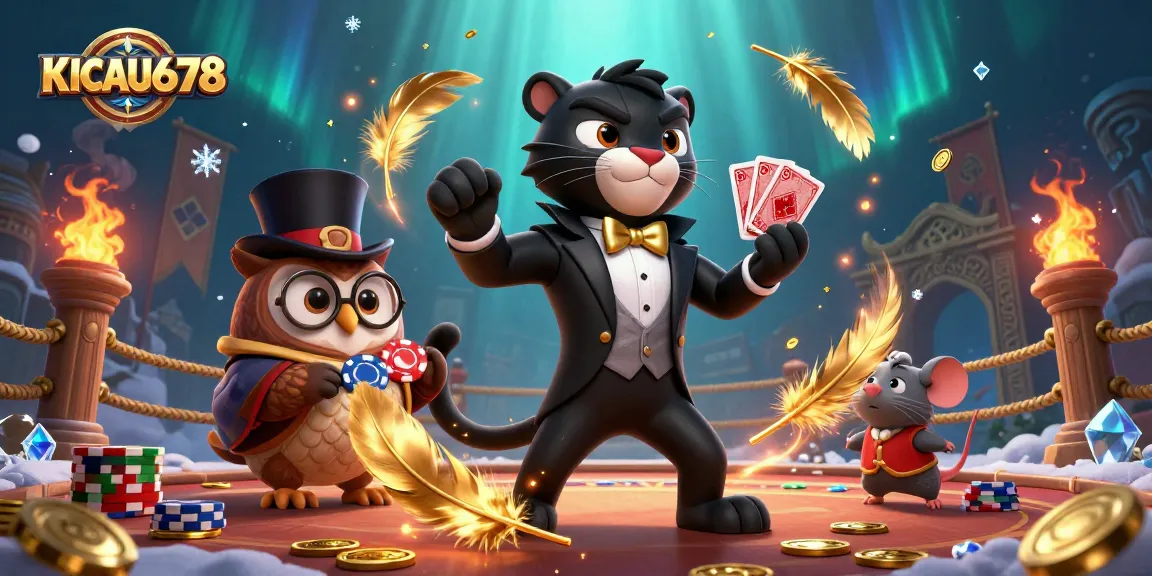 KICAU678 showcases stylish casino characters dealing cards and poker chips in a vibrant gambling scene.