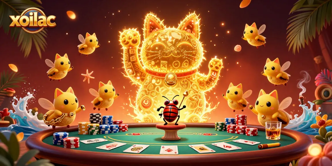 Experience the excitement of xoilac with a vibrant 3D illustration of lucky symbols and poker elements.