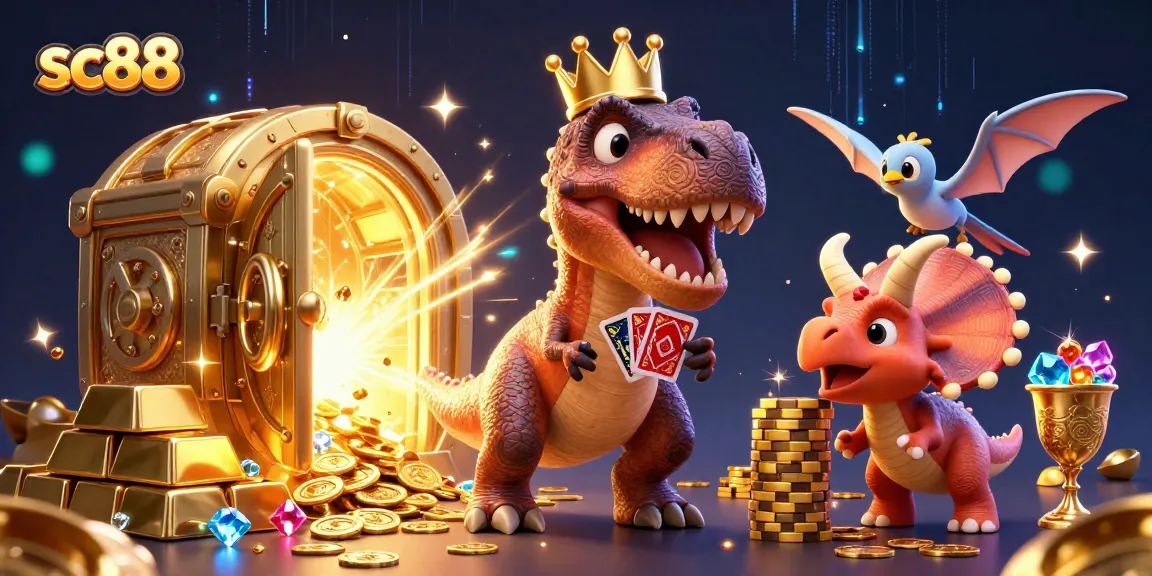Join the fun at sc88 while a T-Rex and friends shuffle cards and stack chips in a vibrant casino scene.