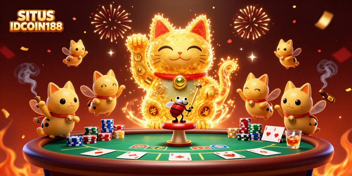 Engage with SITUS IDCOIN188 as golden fireflies create a lucky cat amidst vibrant casino symbols.