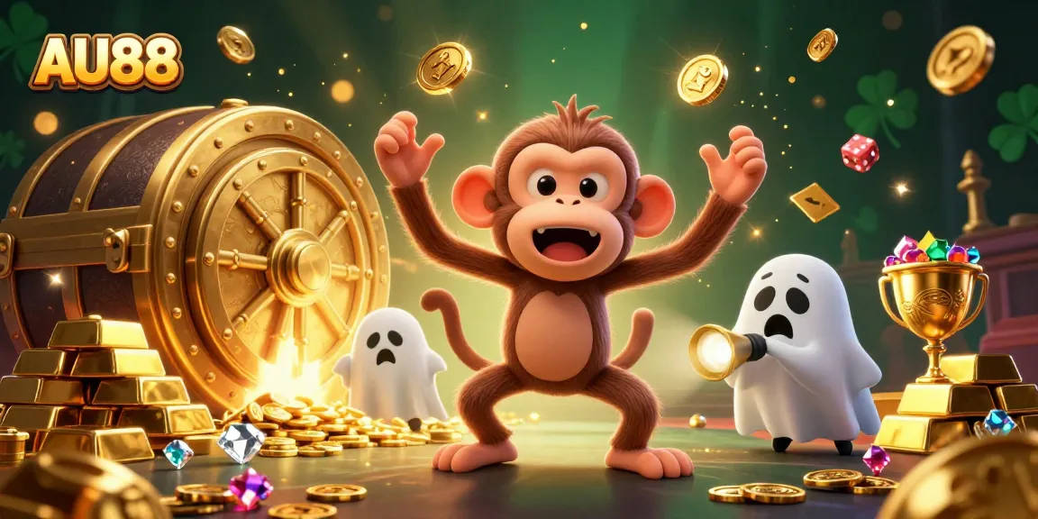 Experience thrilling gaming at AU88 as a poltergeist monkey juggles treasures in a haunted casino.