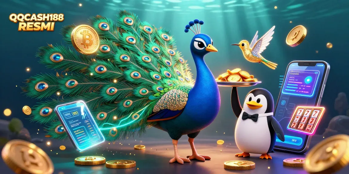 Play exciting slot games with QQCASH188 RESMI, featuring vibrant peacock, digital coins, and treasures.