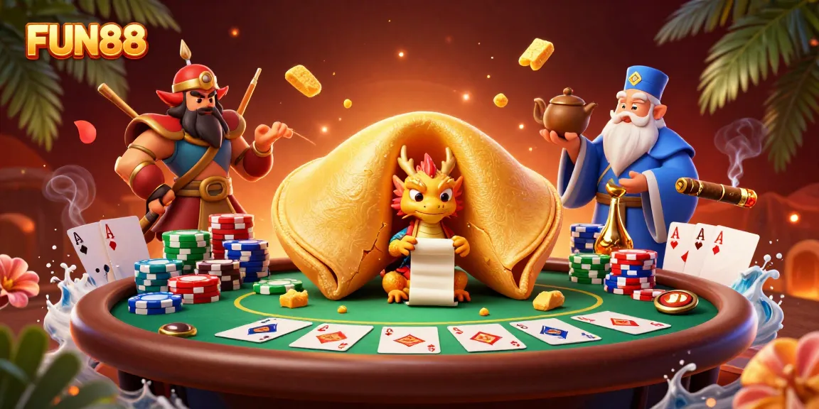 Experience the thrill of FUN88 with a vibrant 3D scene featuring poker elements and a wise dragon.