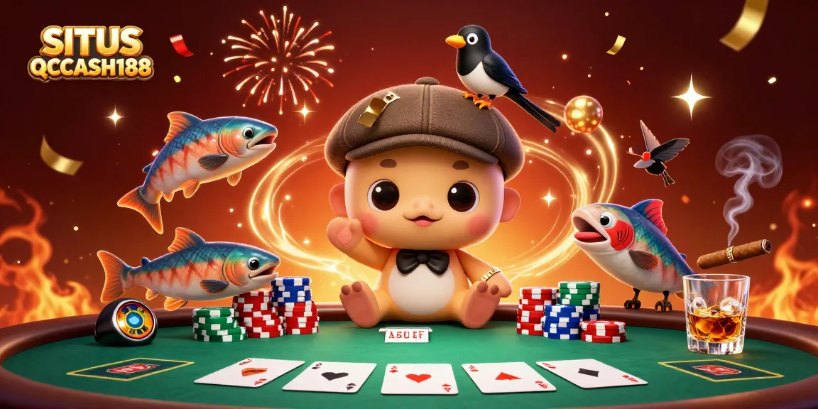 Engage with SITUS QQCASH188 in this vibrant casino-themed illustration, showcasing lively characters and gambling elements.