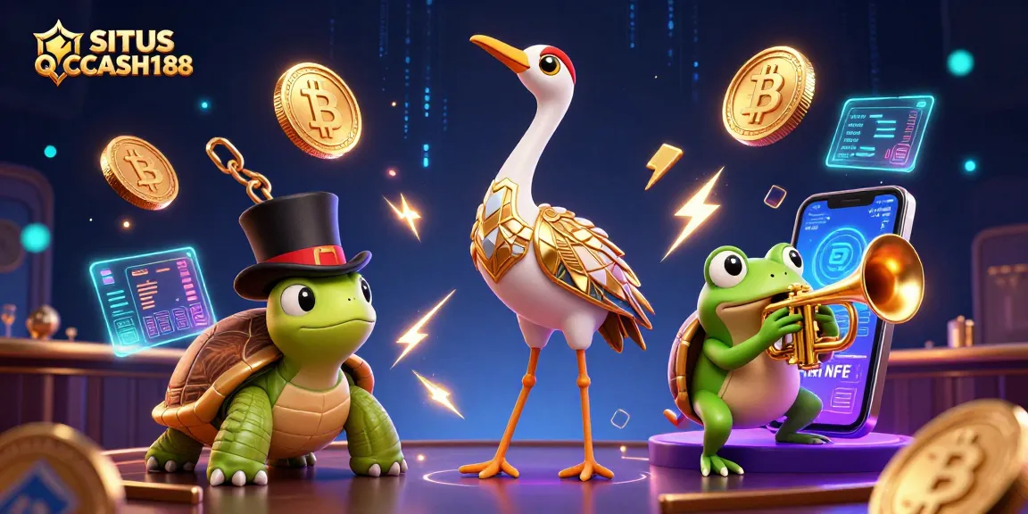 SITUS QQCASH188 brings excitement to players in a vibrant casino scene featuring crypto coins, characters, and energetic elements.