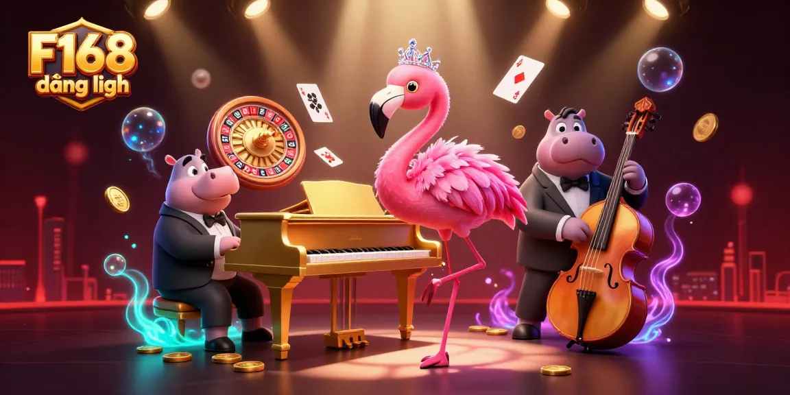 Experience F168 đăng nhập with vibrant casino scene featuring flamingo singer and hippo bassist.