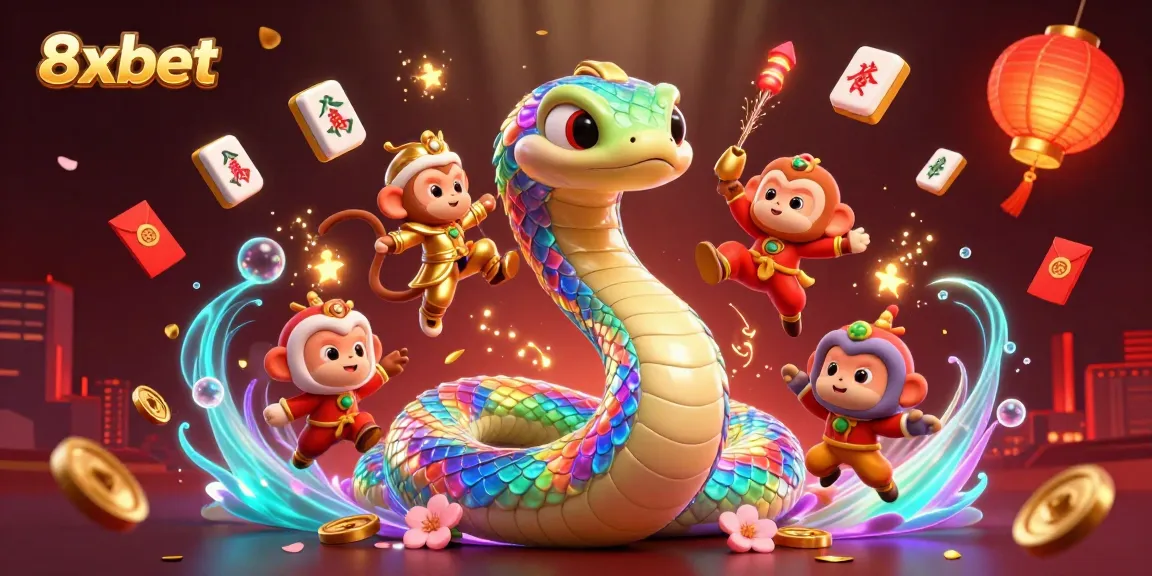 8xbet offers a vibrant gaming experience with a colorful scene showcasing a rainbow serpent and monkey king in a fantastical casino.