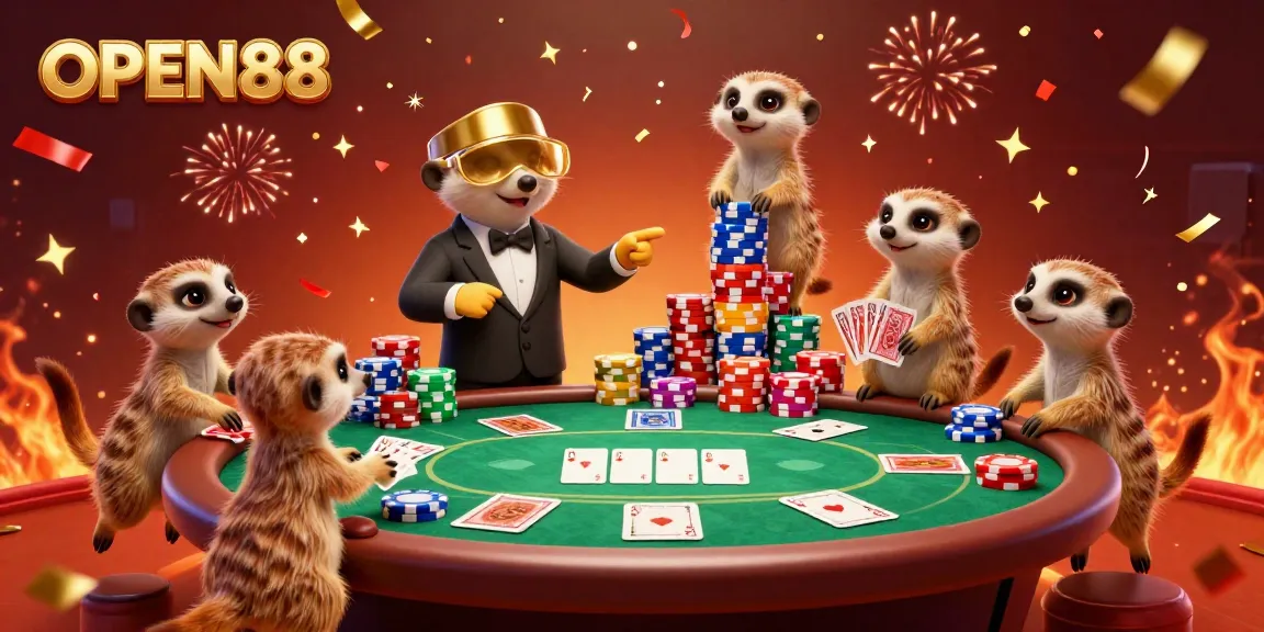 Experience the excitement of OPEN88 with meerkats managing a colorful casino, showcasing poker and festive confetti.