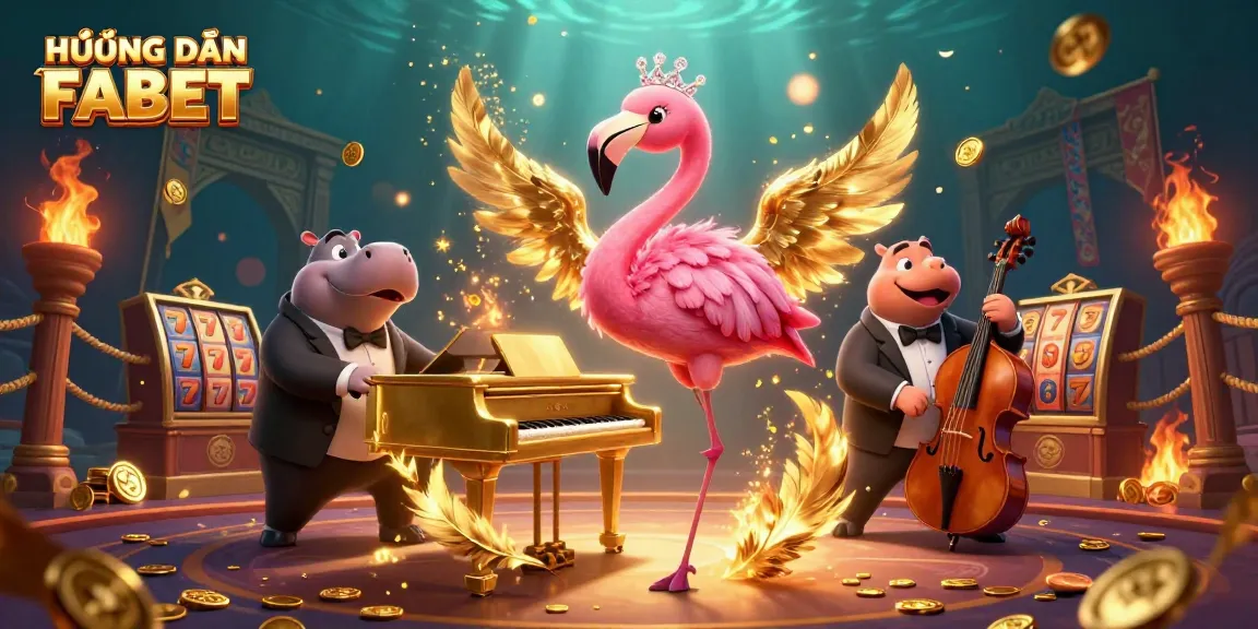 Experience the thrill of HƯỚNG DẪN FABET with this vibrant casino scene featuring a flamingo performer and hippo bassist.