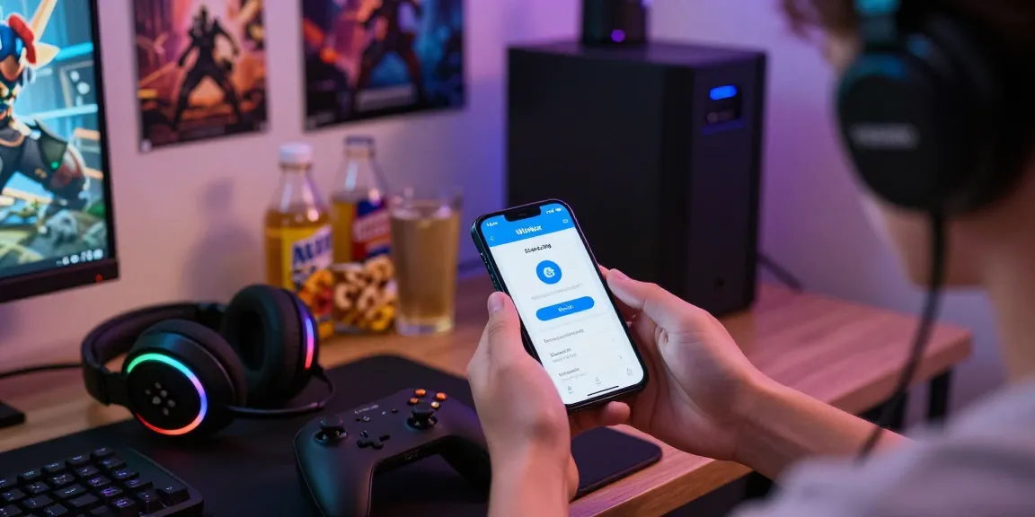Downloading the Winbox app on a smartphone in a vibrant gaming setup.