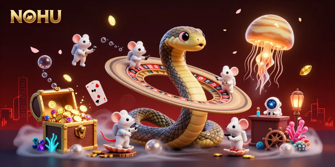 Engage with NOHU in this vibrant 3D casino scene featuring playful astronaut mice betting.