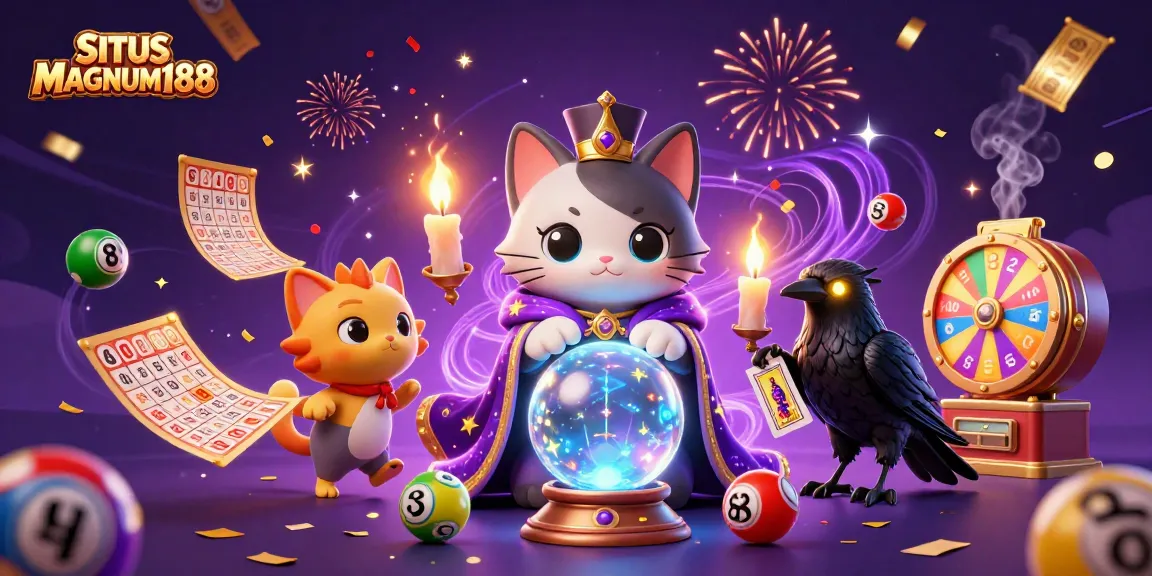 Engage with SITUS MAGNUM188 to experience a vibrant lottery scene filled with colorful elements and mystical characters.