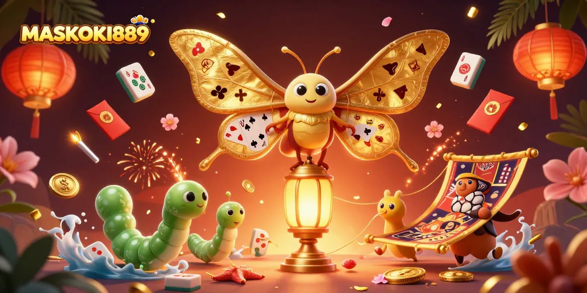 Experience winning thrills at MASKOKI889 with an enchanting 3D casino scene showcasing majestic characters and vibrant elements.
