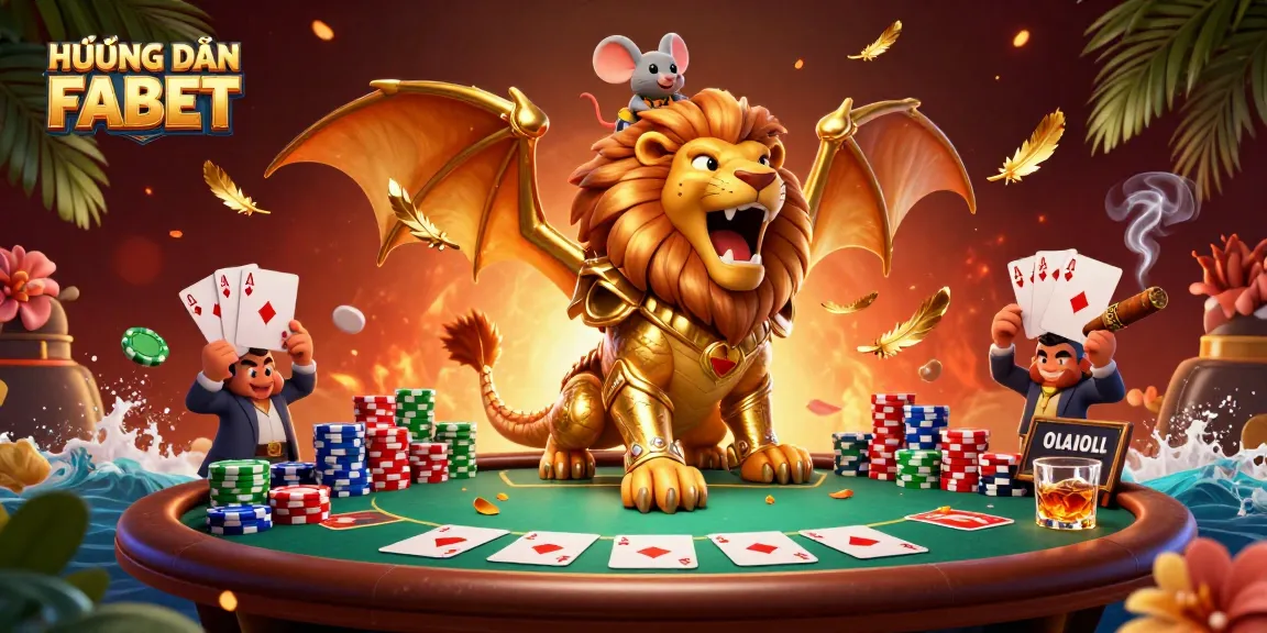 Engage with the magic of HƯỚNG DẪN FABET in this intricate 3D poker scene depicting a chimera and mouse jockey.