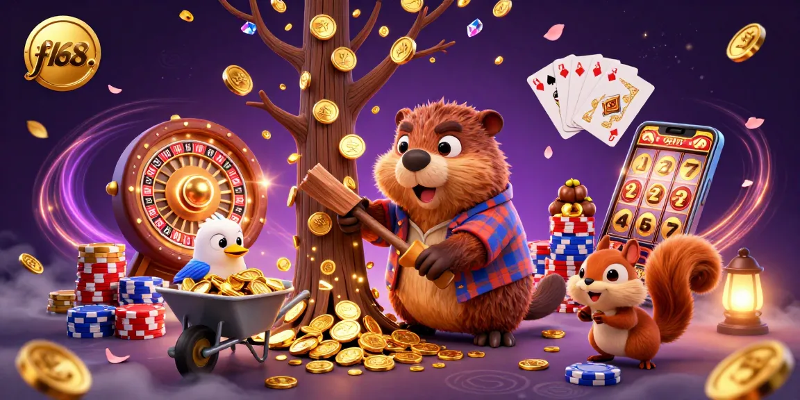 Play slots and win with f168. as golden coins rain down from the tree in this vibrant scene.