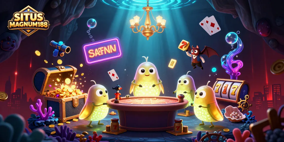 SITUS MAGNUM188 shines as glowworms illuminate a vibrant cave casino scene with slots and treasures.