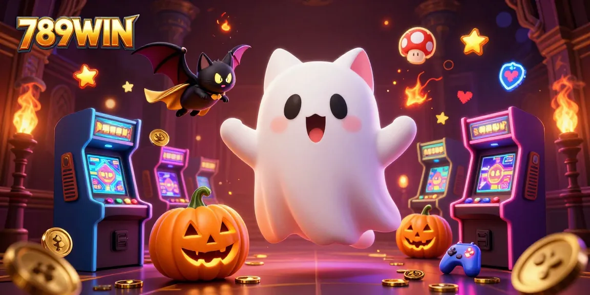 Play exciting games at 789WIN with floating characters and colorful gaming elements in a haunted casino setting.