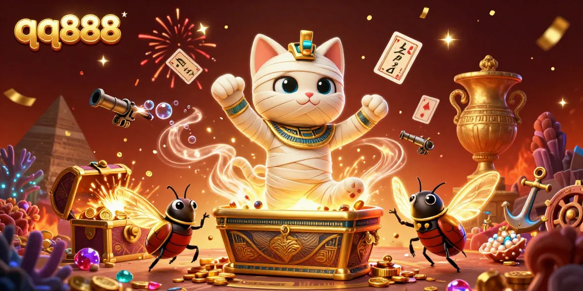 Win big with qq888 as a mummy cat bursts from a sarcophagus in a vibrant casino scene.