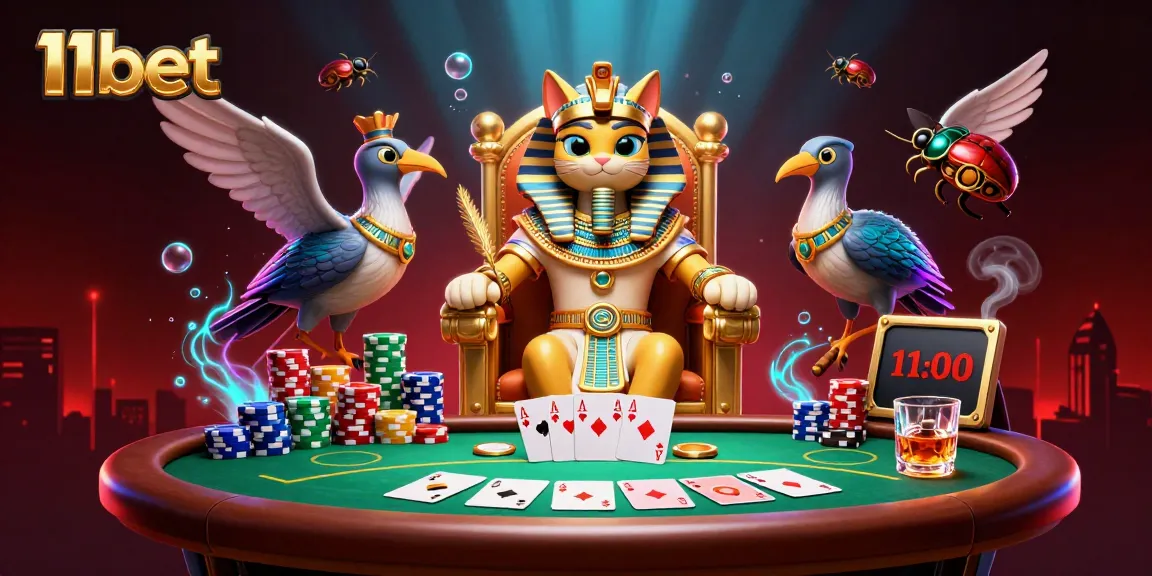 Engage with 11bet’s vibrant casino scenario featuring a pharaoh cat, poker elements, and rich 3D detail.