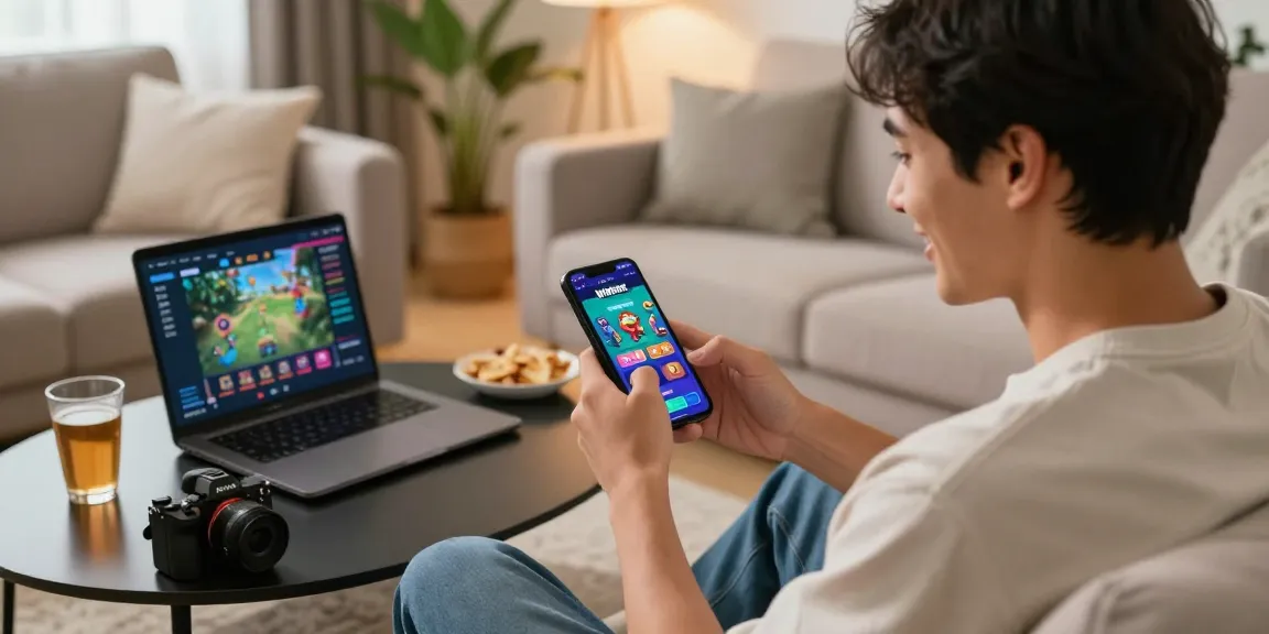 Engaging with the Winbox app on a smartphone in a cozy living room, showcasing user experience and vibrant game graphics.
